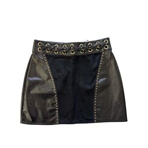 Boohoo Night Studded Faux Leather Mini Skirt Lace Up Modern Chic Black US 10 NWT